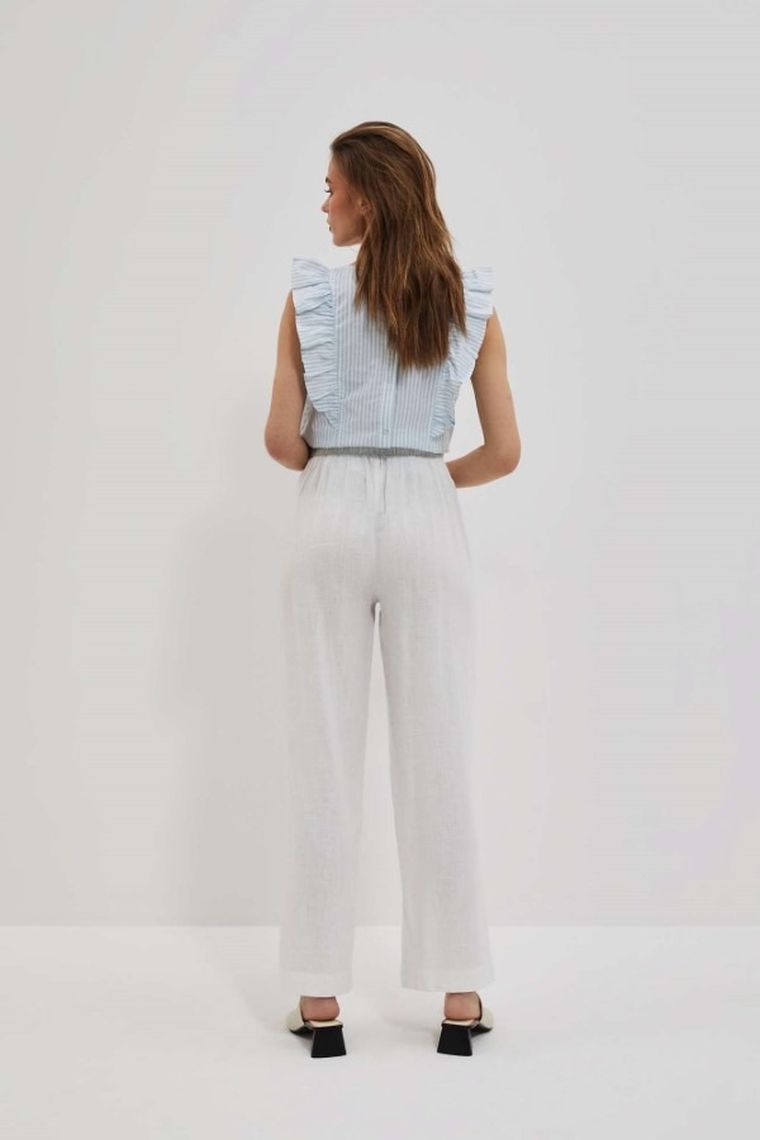 Spodnie materiałowe damskie z lnem, białe, Moodo