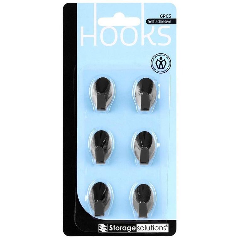 Storage Solutions, wieszak samoprzylepny, stalowy owal, czarny, 6 szt., 3-2 cm