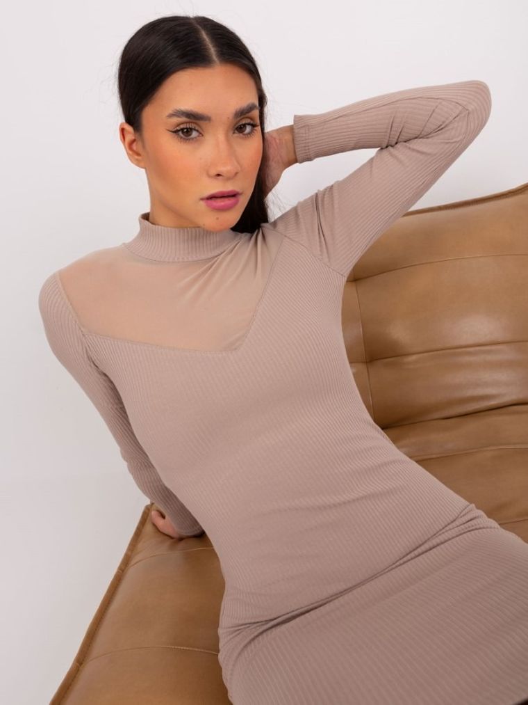 Sukienka damska, prążkowana, beżowa, Basic Feel Good