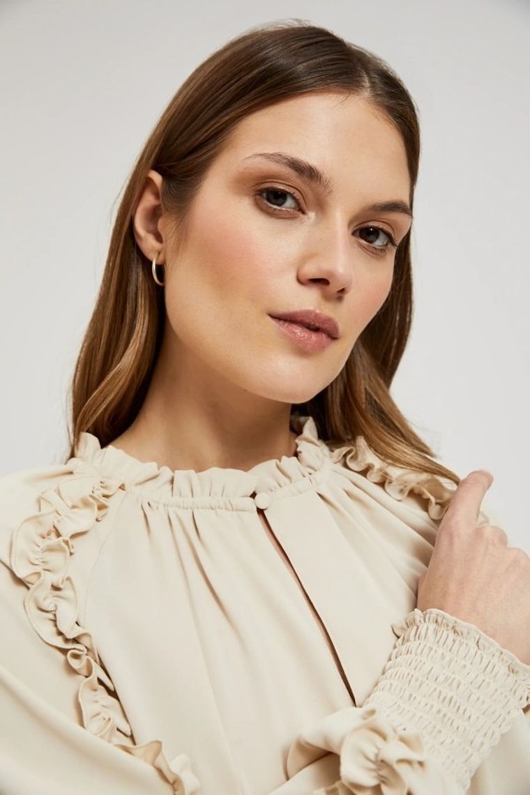 Sukienka damska z długim rękawem, beżowa, Moodo