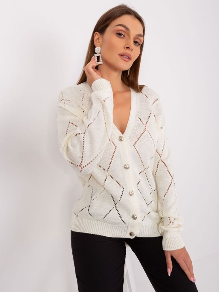 Sweter damski z wełną, rozpinany, ecru, Rue Paris