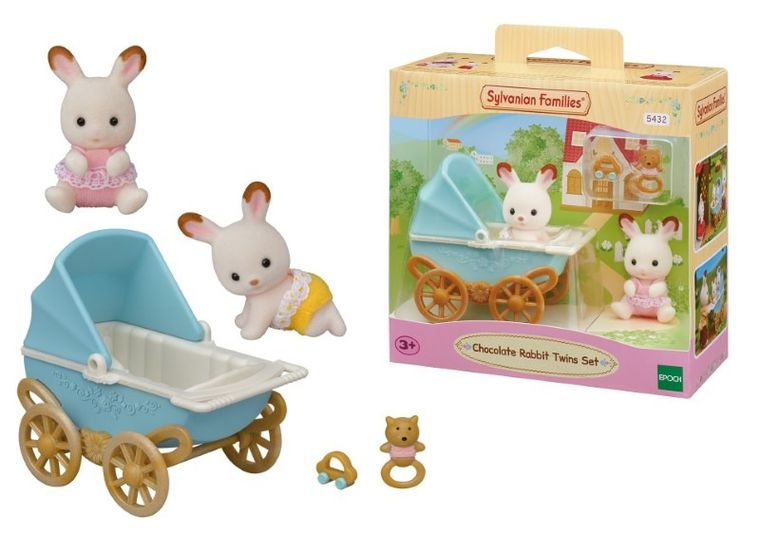 Sylvanian Families, bliźniaki królików z czekoladowymi uszkami, wózek, akcesoria, zestaw, 5432