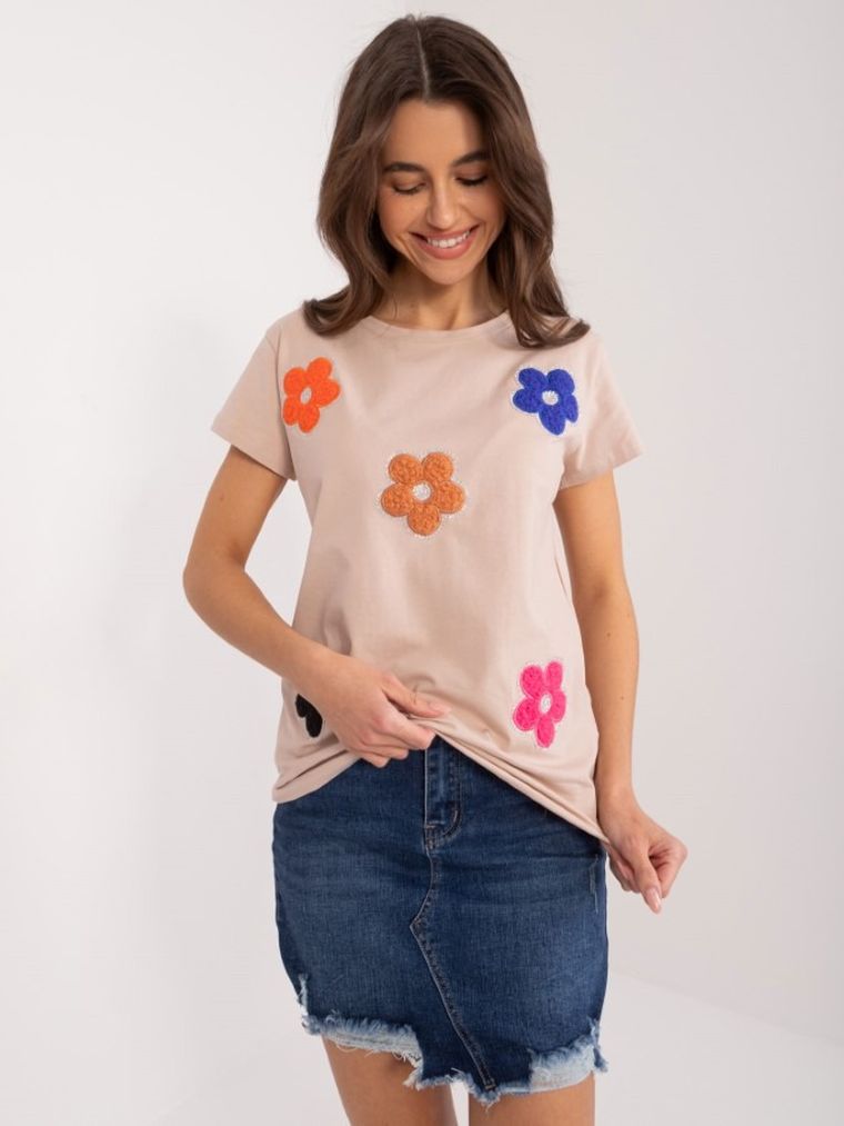 T-shirt damski, beżowy, Basic Feel Good