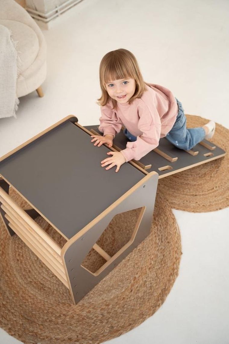 tupti.wood, kostka wielozadaniowa + mała zjeżdżalnia, drabinka, szara