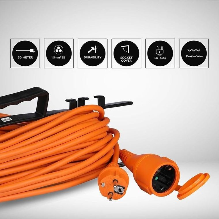 V-tac, przedłużacz ogrodowy z uchwytem do zwijania i klapką VT, 30m, 16A