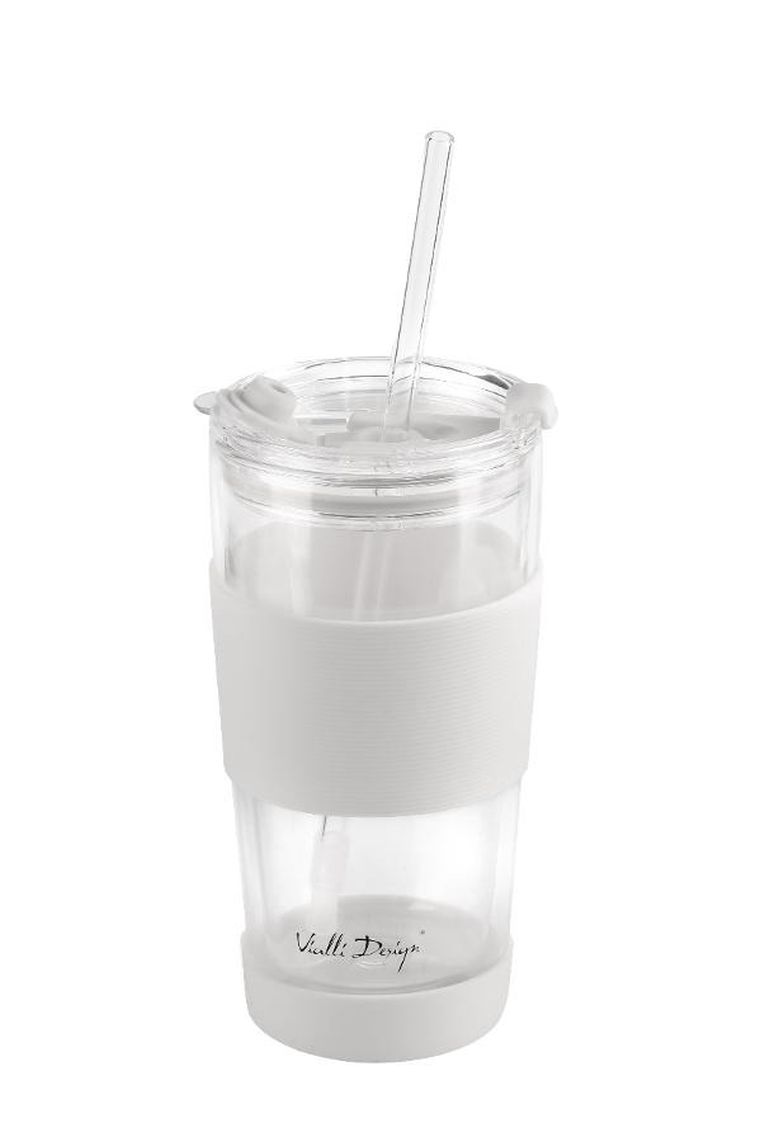 Vialli Design, kubek termiczny szklany ze słomką, 600 ml, biały Fuori