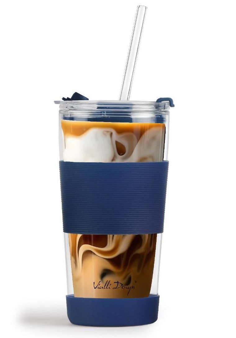 Vialli Design, kubek termiczny szklany ze słomką, 600 ml, granatowy Fuori
