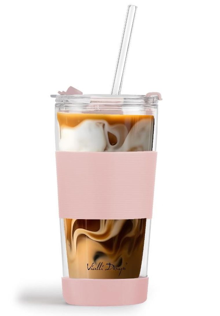 Vialli Design, kubek termiczny szklany ze słomką, 600 ml, różowy Fuori