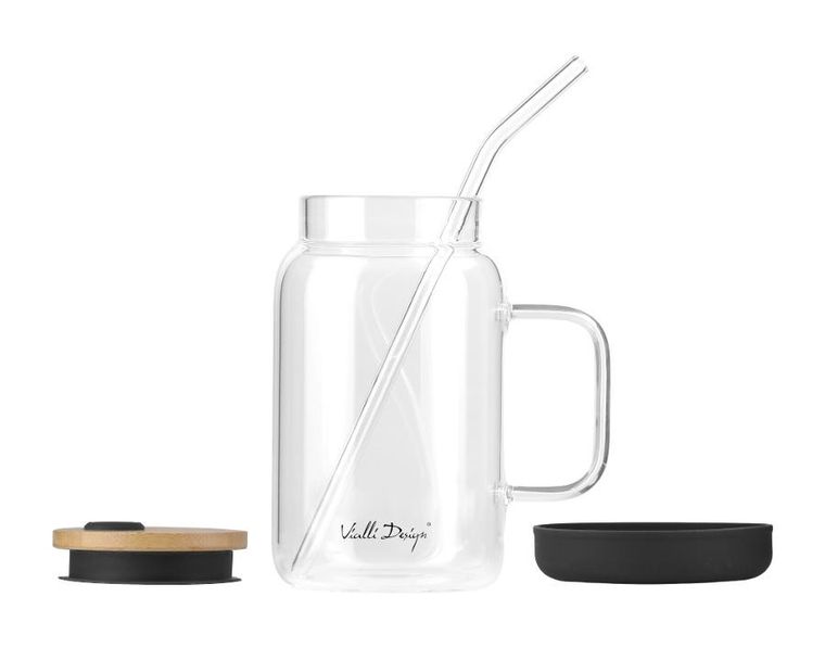 Vialli Design, słoik ze słomką, 600 ml, czarny Fuori