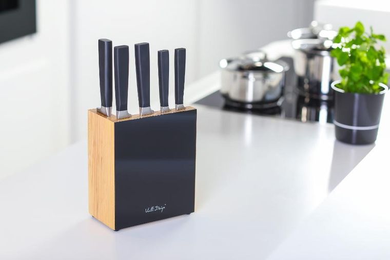 Vialli Design, zestaw 5 noży w bloku, Fino, z deską, Livio, czarny