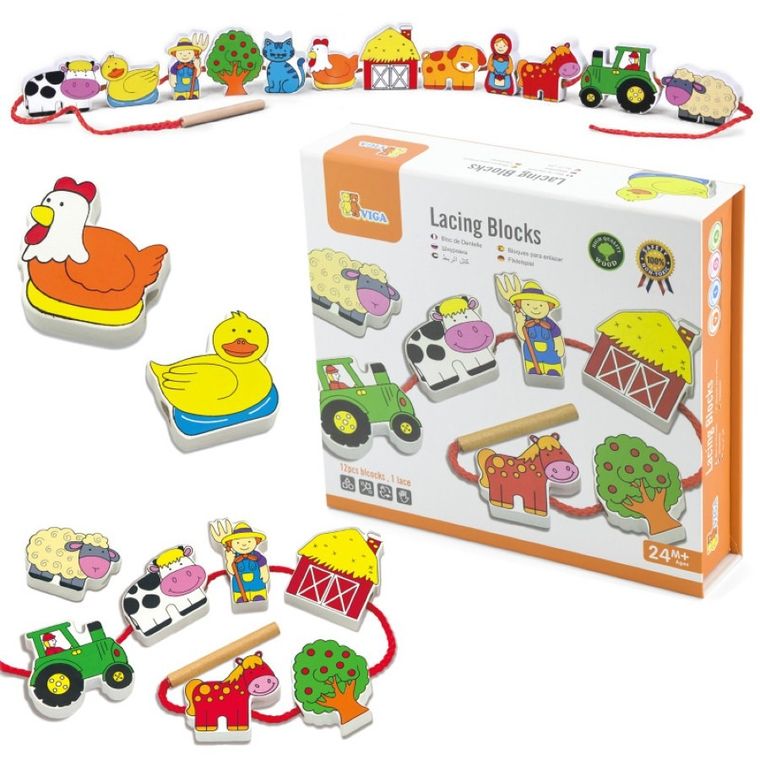 Viga Toys, Życie na farmie, klocki do nawlekania, 12 elementów