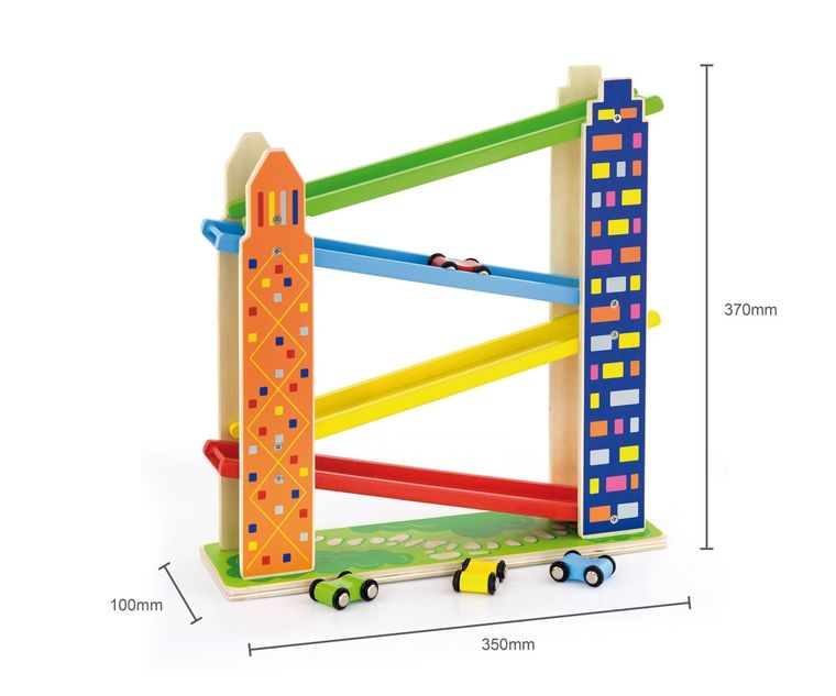 Viga, zjeżdżalnia drewniana, garaż, tor samochodowy