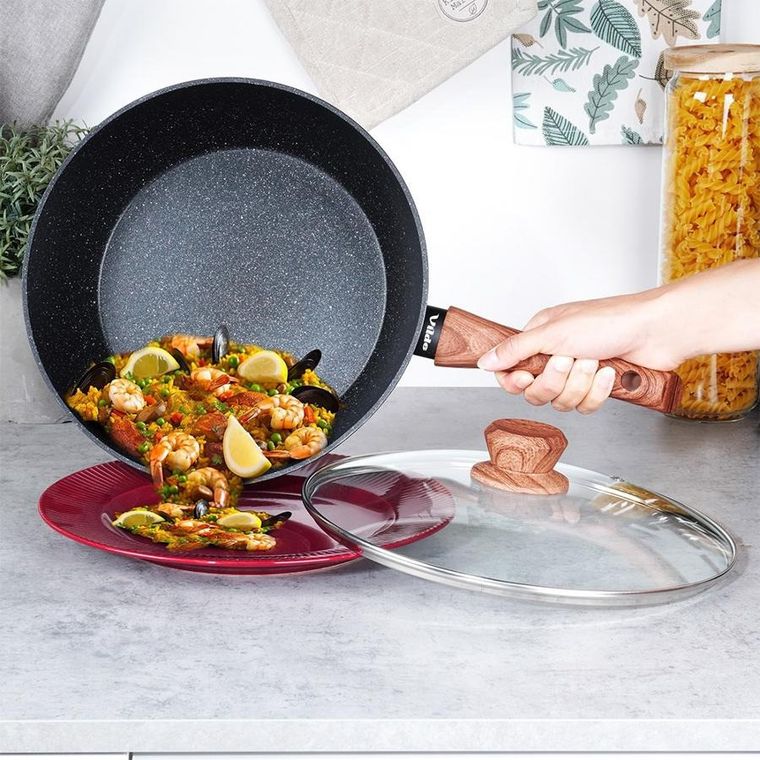 Vilde, Black&Wood, patelnia granitowa ze szklaną pokrywką, 28 cm, 3,5 l