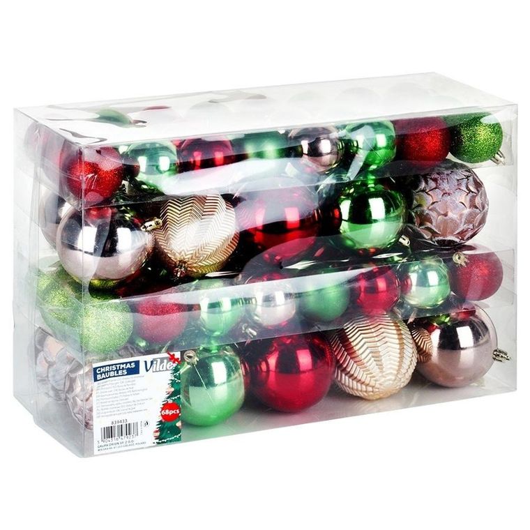 Vilde, bombki choinkowe, nietłukące, czerwone, różowe, złote, zielone, 8 cm, 5 cm, 68 szt.