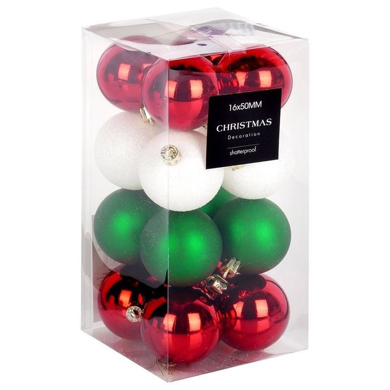 Vilde, bombki choinkowe nietłukące, czerwone, zielone, białe, 5 cm, 16 szt.