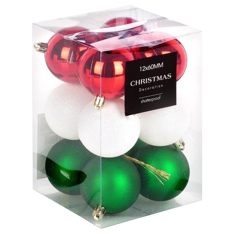 Vilde, bombki choinkowe nietłukące, czerwone, zielone, białe, 6 cm, 12 szt.