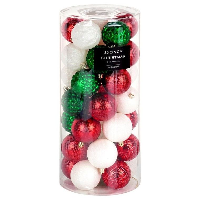 Vilde, bombki choinkowe nietłukące, czerwone, zielone, białe, 6 cm, 35 szt.