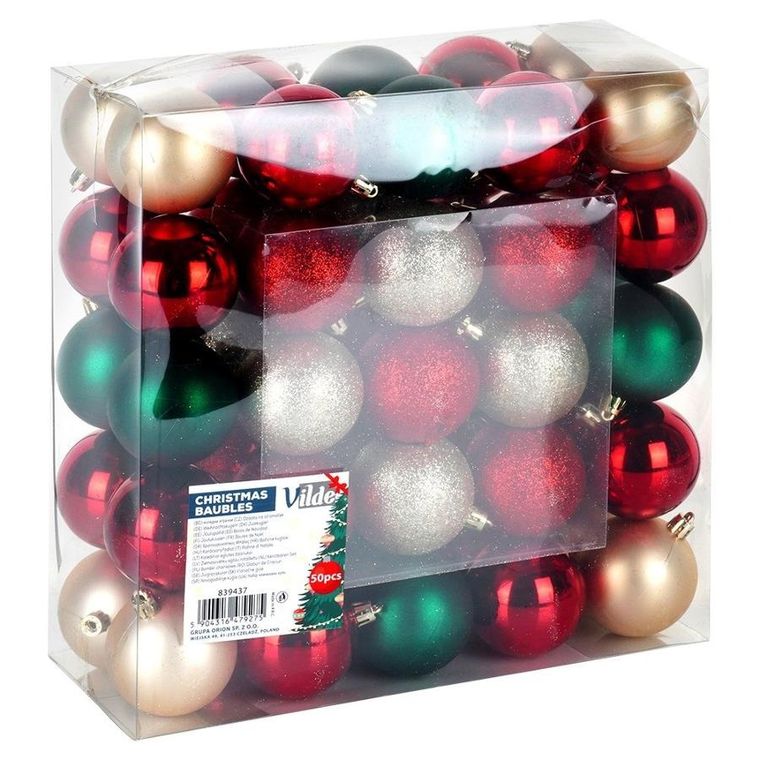 Vilde, bombki choinkowe, nietłukące, czerwone, zielone, szampańskie, 6 cm, 50 szt.