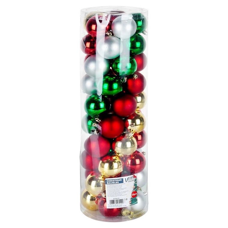 Vilde, bombki choinkowe, nietłukące, srebrne, czerwone, złote, zielone, 6 cm, 50 szt.