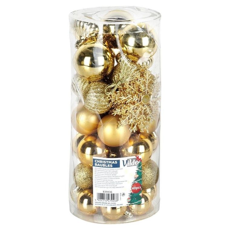 Vilde, bombki choinkowe, nietłukące, złote, 4 cm, 5 cm, 6 cm, 10 cm, 40 szt.