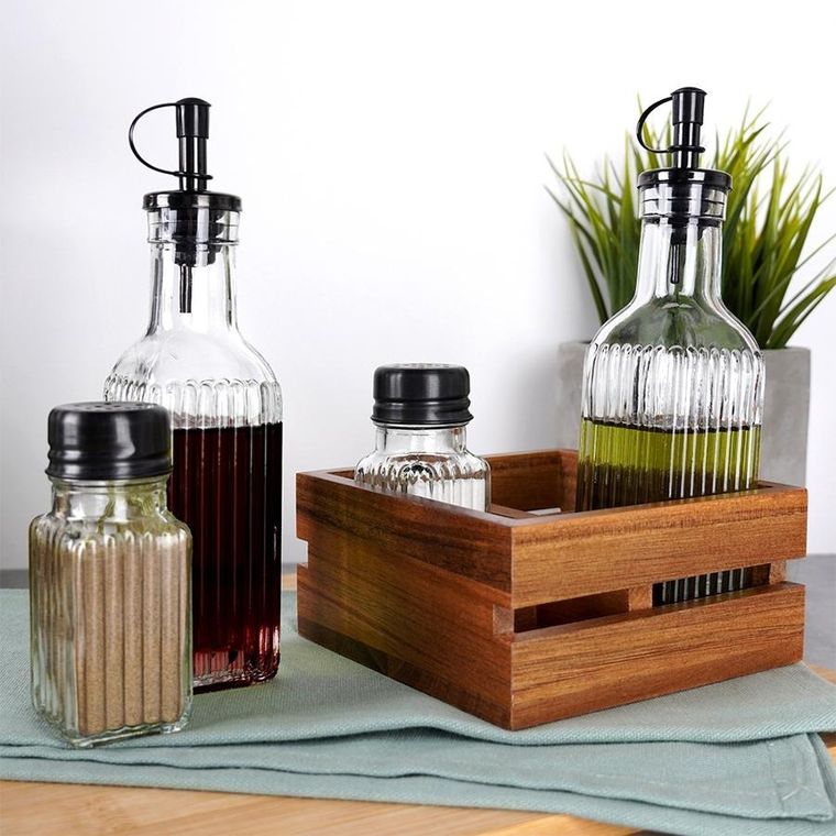 Vilde, butelki na oliwę i ocet, przyprawniki w stojaku, 5 elementów