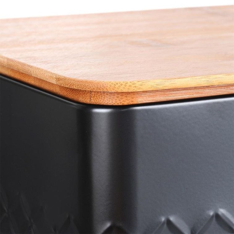 Vilde, chlebak metalowy z deską drewnianą, czarny, 33,5-18,5-12,5 cm