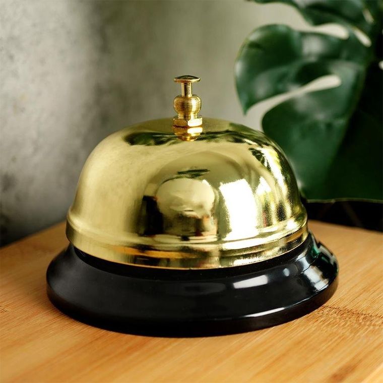 Vilde, dzwonek stołowy recepcyjny ręczny, metalowy, złoty, 8.5-6 cm