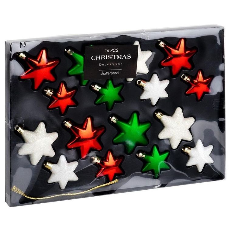 Vilde, Gwiazdki, bombki choinkowe nietłukące, czerwone, zielone, białe, 6/5 cm, 16 szt.