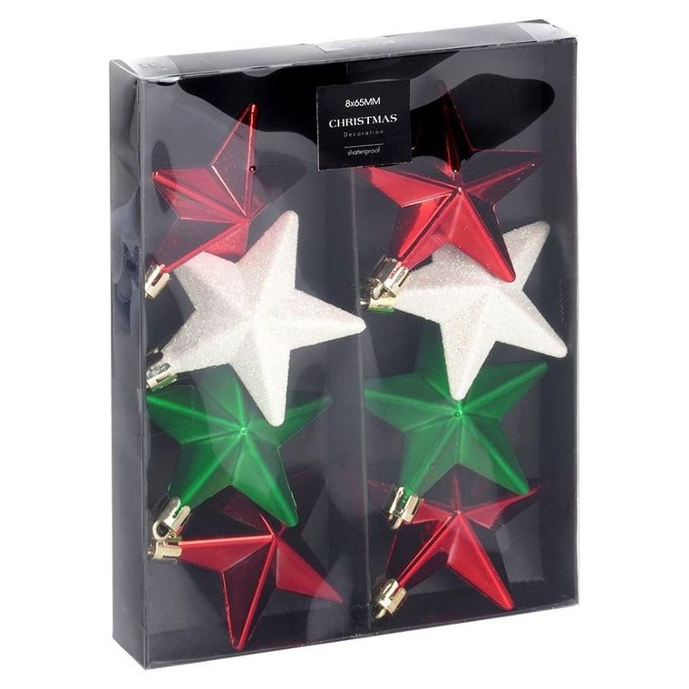 Vilde, Gwiazdki, bombki choinkowe nietłukące, czerwone, zielone, białe, 6,5 cm, 8 szt.