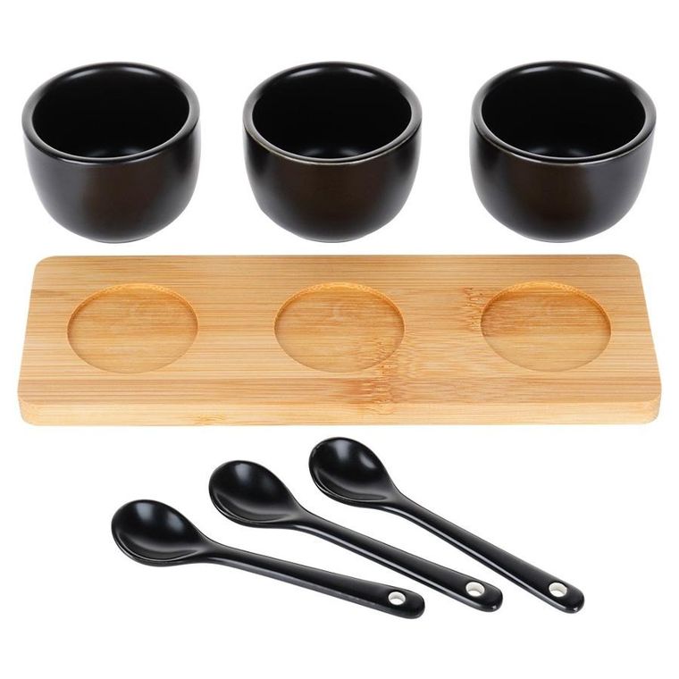 Vilde, miseczki na przekąski z łyżeczkami ceramiczne, czarne, 90 ml, 7 el.