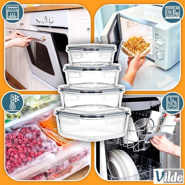 Vilde, pojemniki na żywność szklane z pokrywką i uszczelką, kwadratowe, 4 szt.