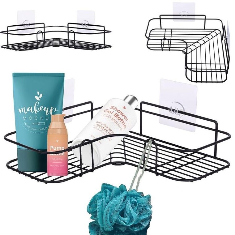 Vilde, półka pod prysznic, metalowa czarna, przyklejana, 26.5-26.5-6.5 cm