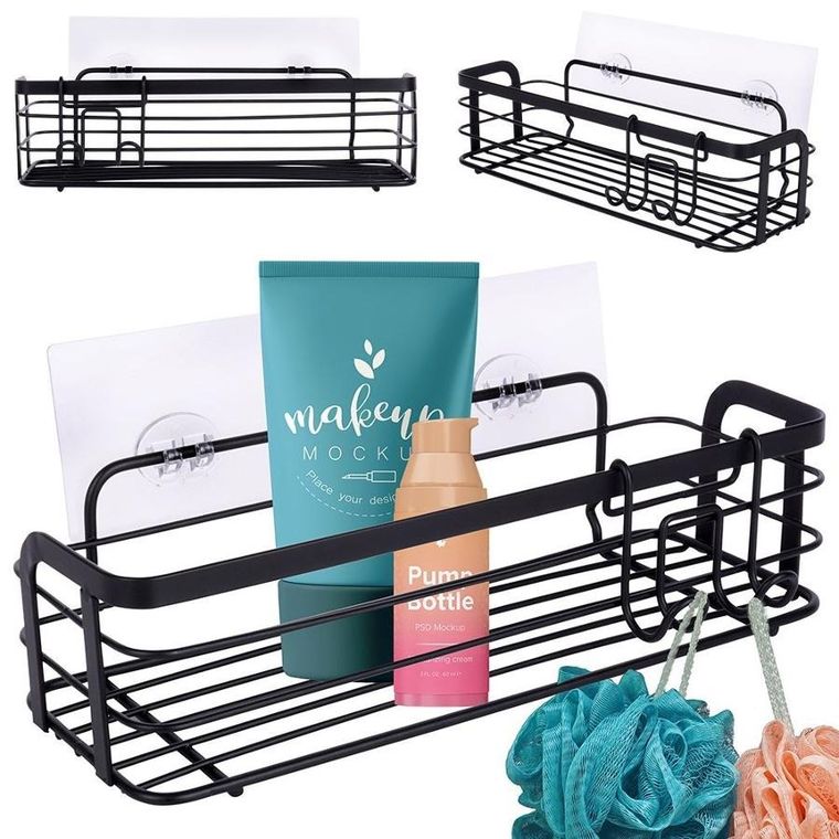 Vilde, półka pod prysznic, metalowa czarna, przyklejana, 29.5-10.5-8 cm