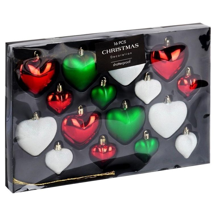 Vilde, Serduszka, bombki choinkowe nietłukące, czerwone, zielone, białe, 6,5/4,5 cm, 16 szt.