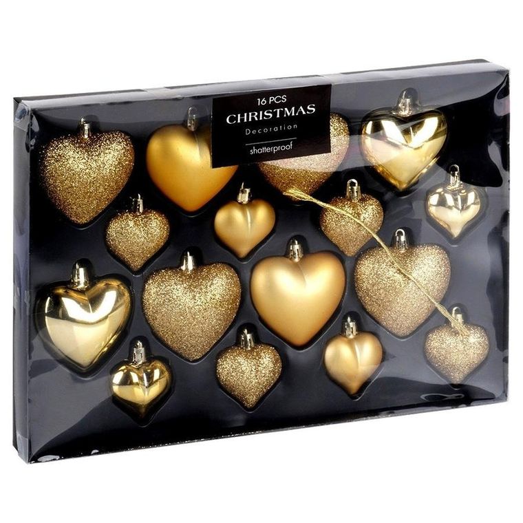 Vilde, Serduszka, bombki choinkowe nietłukące, serduszka, złote, 6,5/4,5 cm, 16 szt.