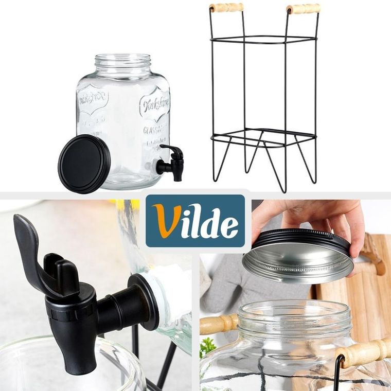 Vilde, słój do napojów z kranikiem i stojakiem, czarny, 8l