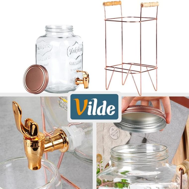 Vilde, słój do napojów z kranikiem i stojakiem, złoty, 8l