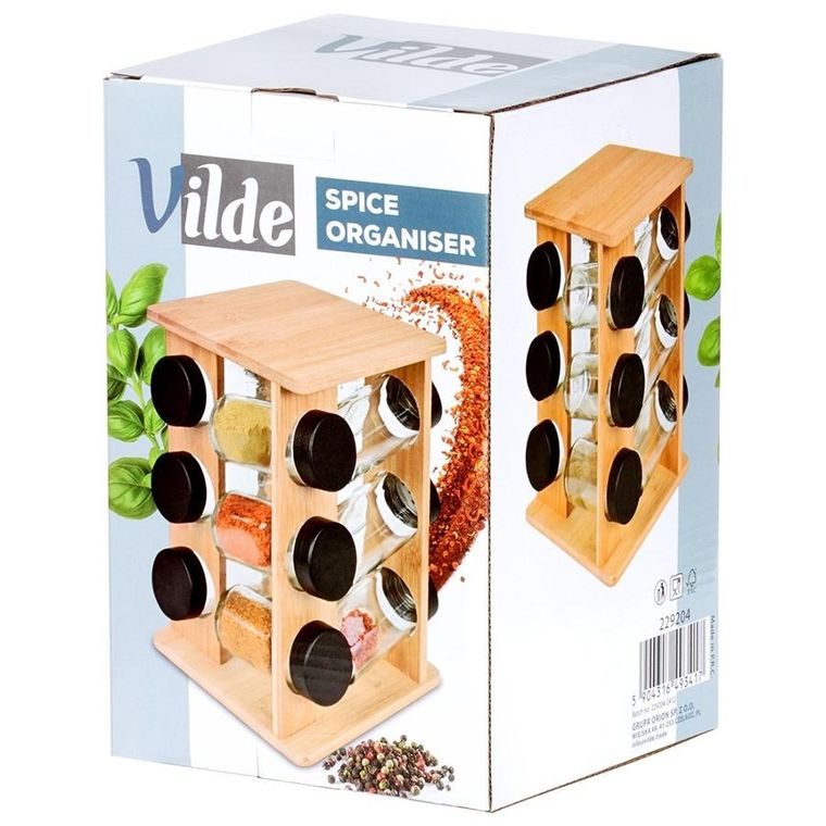 Vilde, stojak na przyprawy z pojemnikami, drewniany, obrotowy, 13 el.