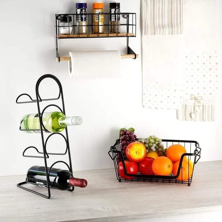 Vilde, stojak na wino, metalowy, czarny, 4 butelki, 21-12-43 cm