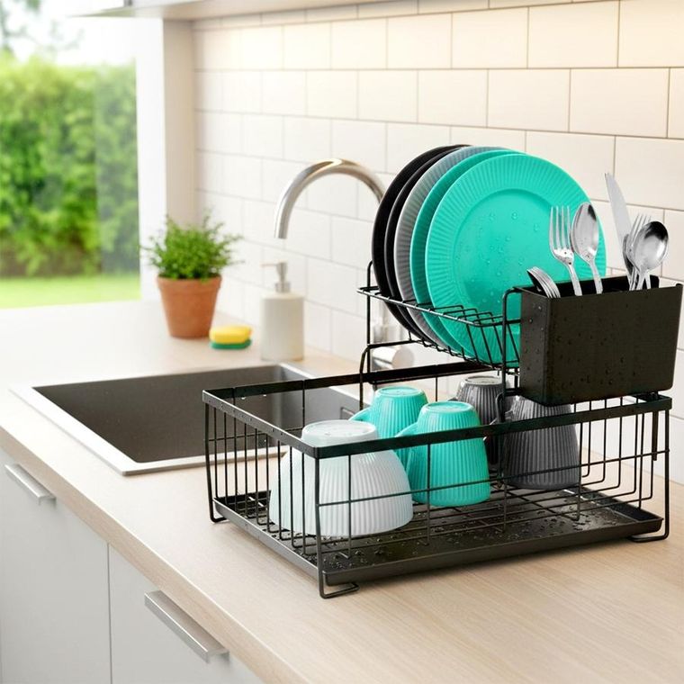 Vilde, suszarka na naczynia, 2-poziomowa, metalowa, czarna, 42-28-28 cm