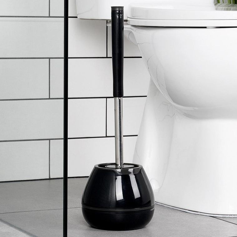 Vilde, szczotka do toalety silikonowa ze stojakiem i szczypcami, czarna, 42 cm