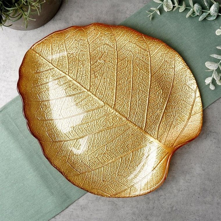 Vilde, talerz do serwowania, szklany, złoty, liść, 27,5-24 cm