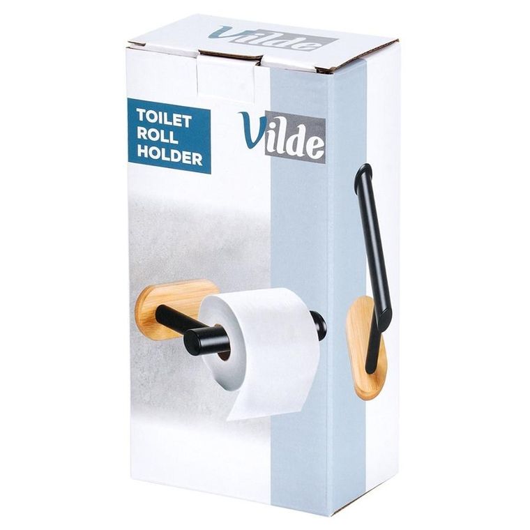 Vilde, uchwyt na papier toaletowy stalowy, bambusowy, czarny, 17 cm