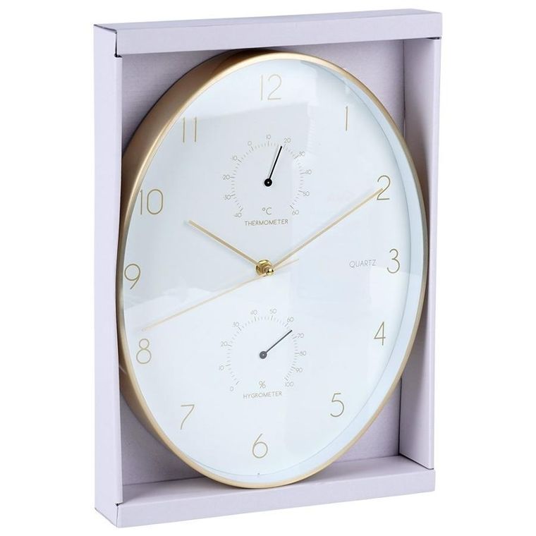 Vilde, zegar ścienny biały złoty, z termometrem higrometrem, 27-34.5 cm