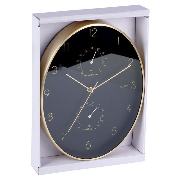 Vilde, zegar ścienny czarny złoty, z termometrem higrometrem, 27-34.5 cm