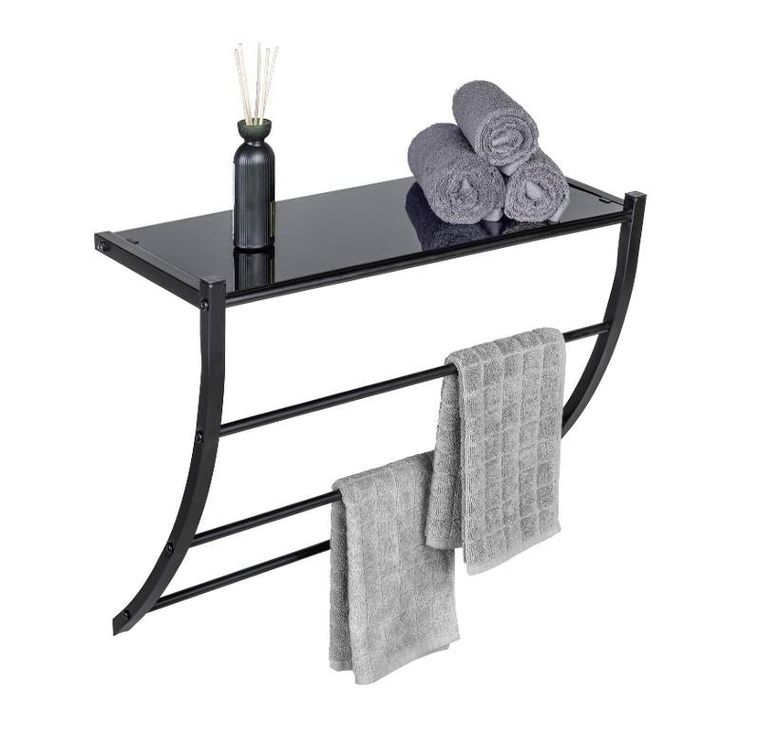 Wenko, czarny wieszak ścienny ze szklaną półką, Tarderia