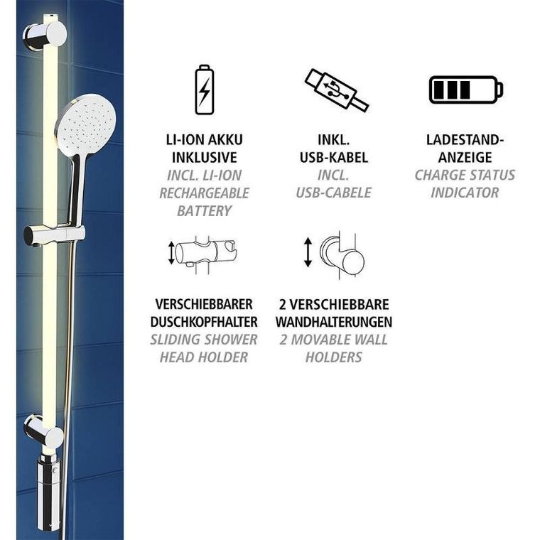 Wenko, drążek prysznicowy LED 94 cm, ciepła biel, słuchawka i wąż prysznicowy