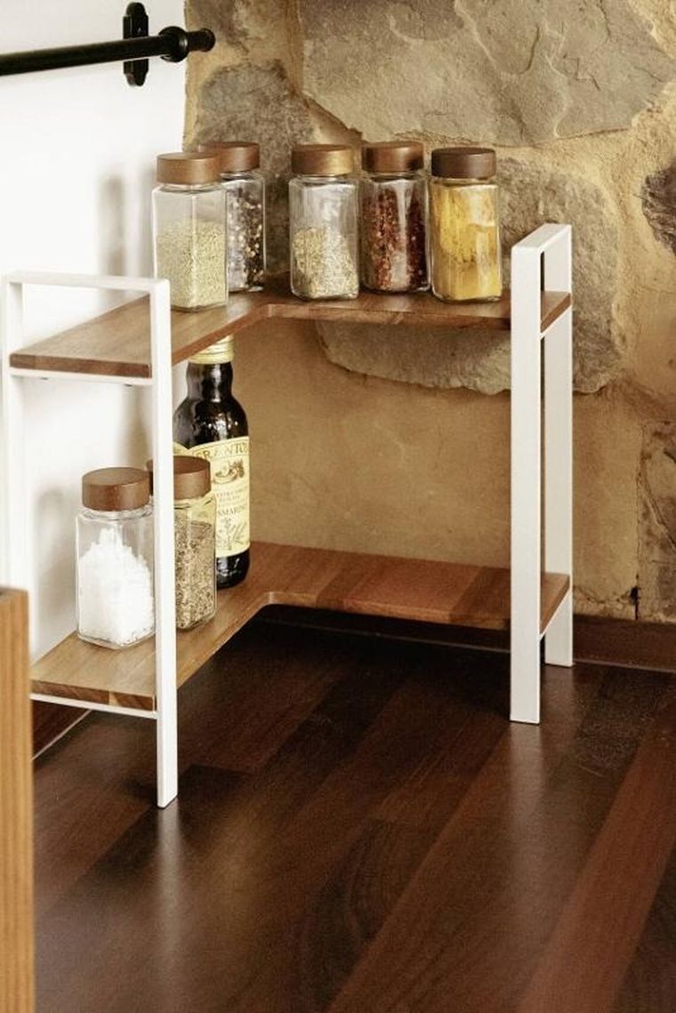 Wenko, Louisa, narożna, dwupoziomowa półka kuchenna na blat, drewno akacji