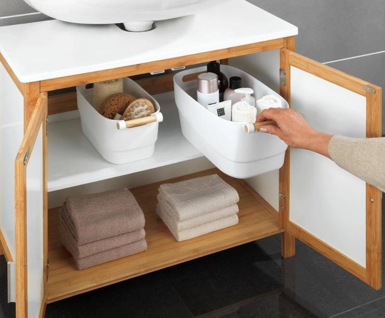 Wenko, pojemnik plastikowy z drewnianą rączką, 18-15,5-33,5 cm