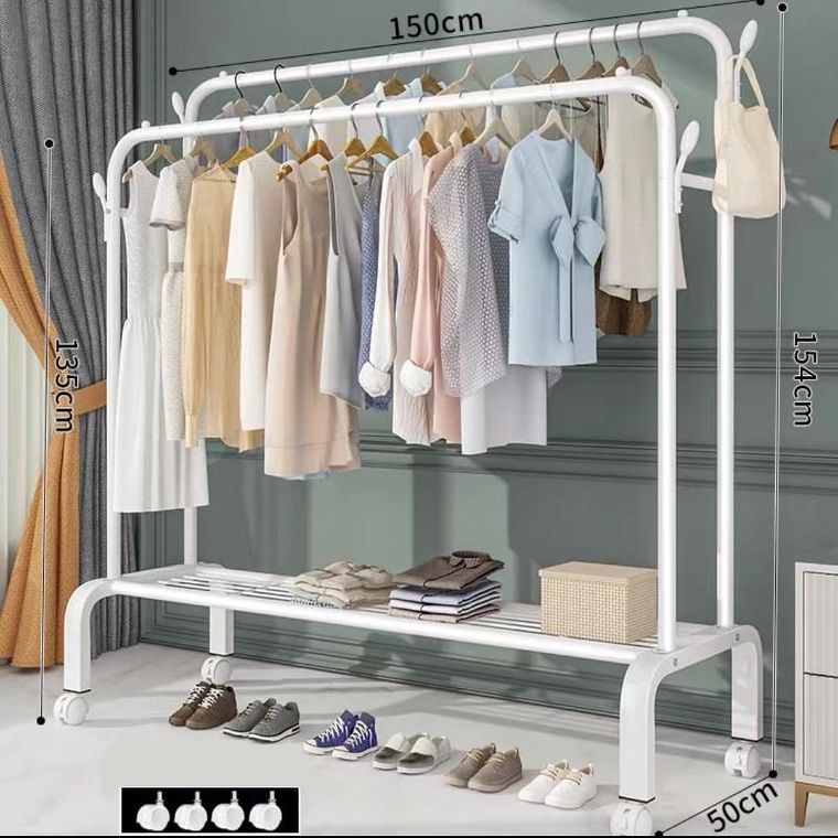 Wielofunkcyjny wolnostojący wieszak na ubrania, podwójny, biały, 150-154 cm